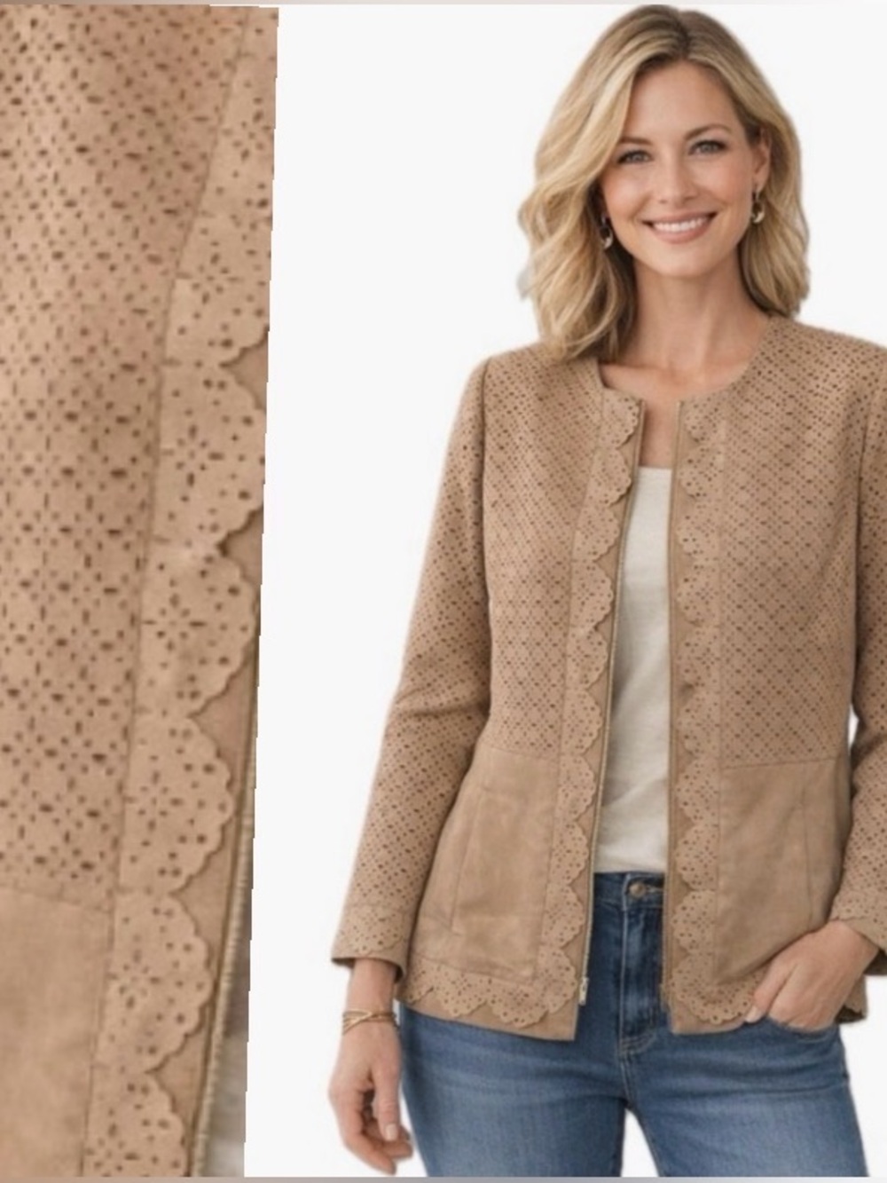Chico’s, Faux Suede Jacket Tan Laser Cut Scalloped Trim Zip, Size 2 (L)